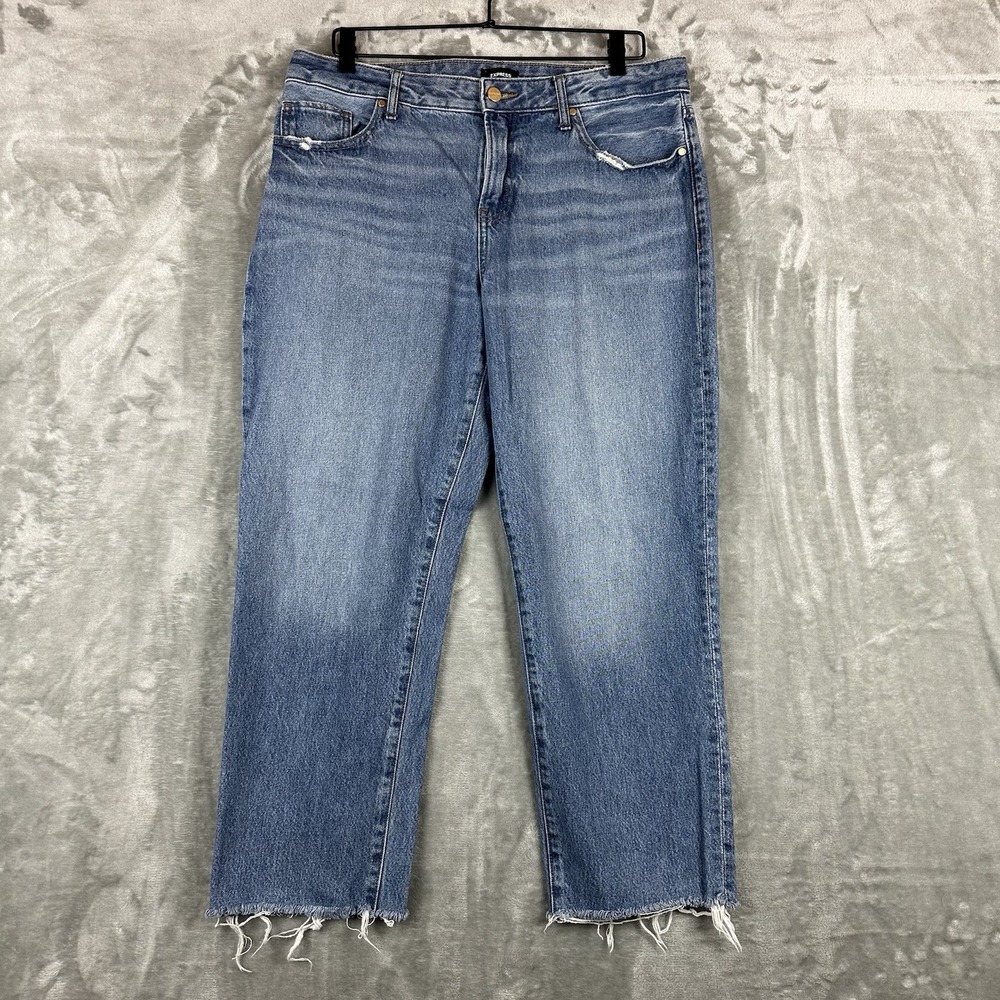 Express Boyfriend Women's 10L Blue Medium Wash Low Rise Raw Hem